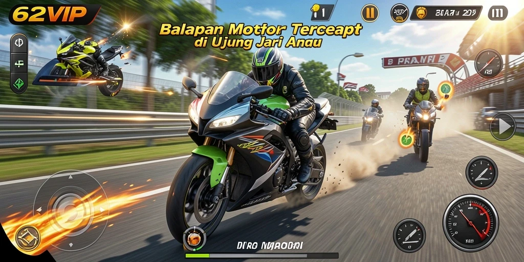 Screenshot 62VIP menampilkan aksi seru balapan motor.