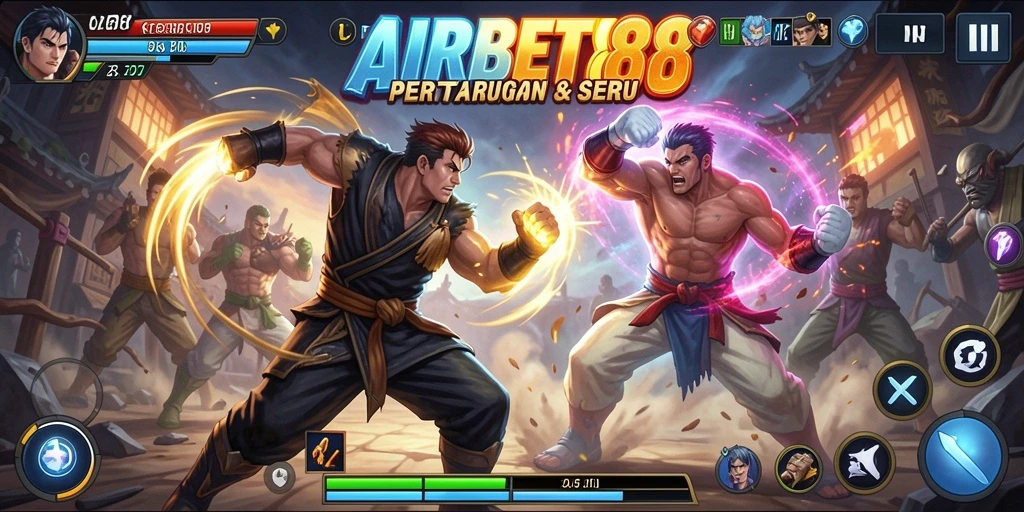 Screenshot utama AIRBET88 menampilkan aksi pertarungan yang intens dan karakter yang dinamis.