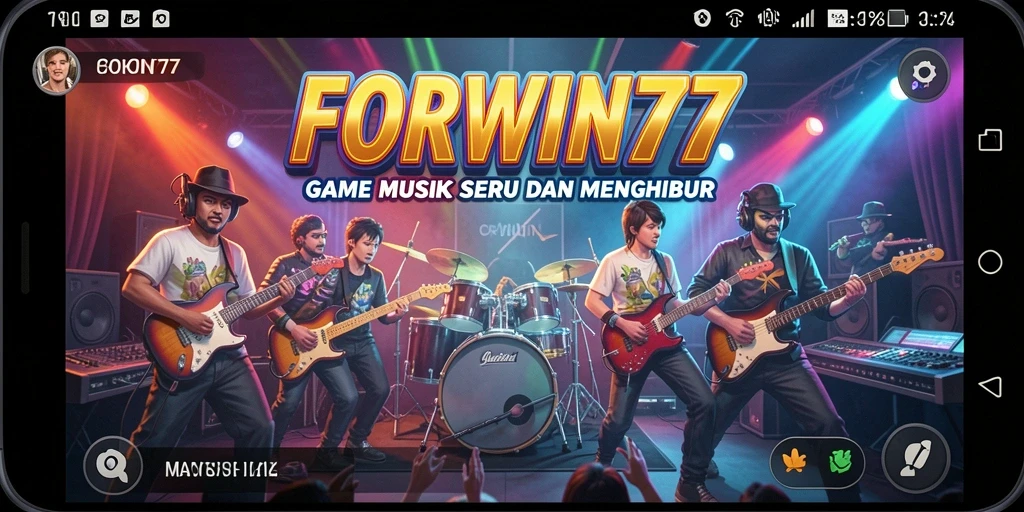 Tampilan gameplay FORWIN77 dengan antarmuka yang menarik dan musik yang menghibur.