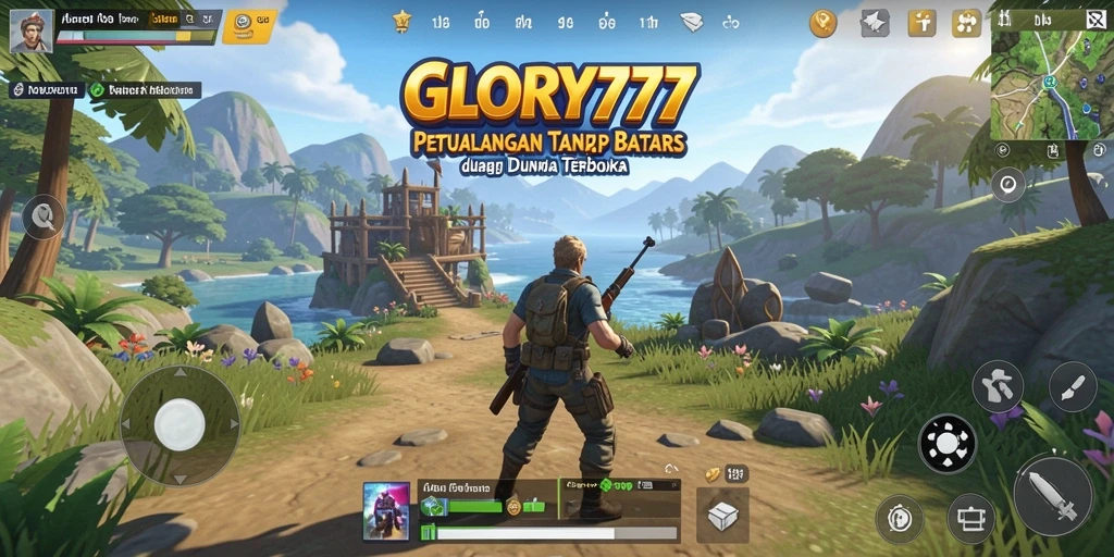 Tangkapan layar gameplay dari GLORY777 menunjukkan petualangan epik di dunia terbuka.