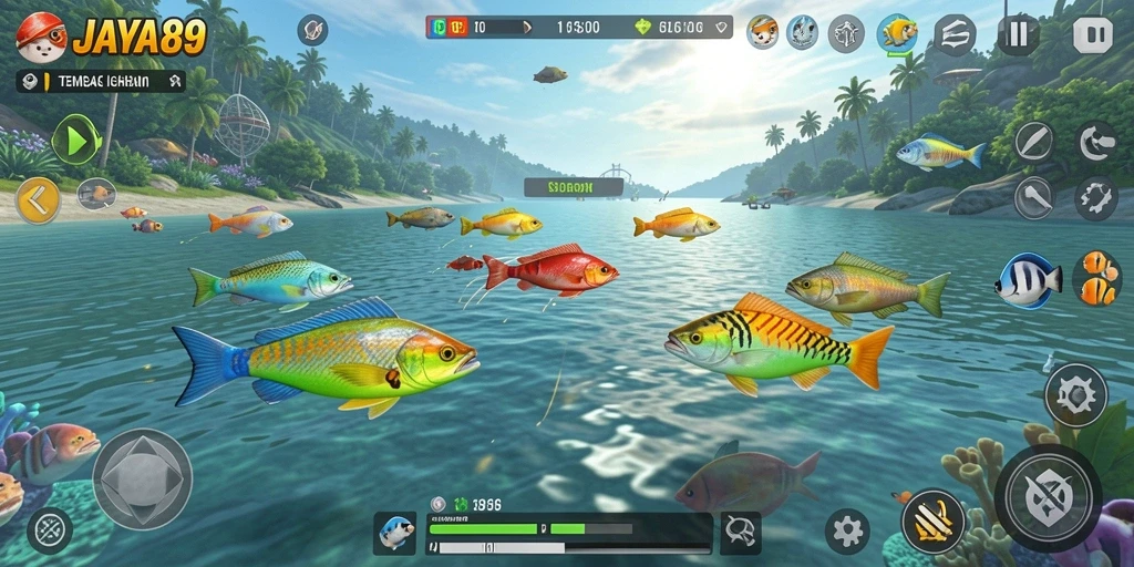 Gameplay seru JAYA89 saat menangkap ikan berwarna-warni.