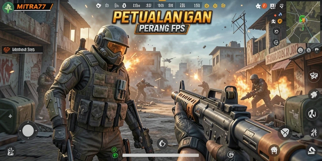 Tampilan sebagian gameplay <strong>MITRA77</strong> yang mendebarkan dalam pertempuran FPS.